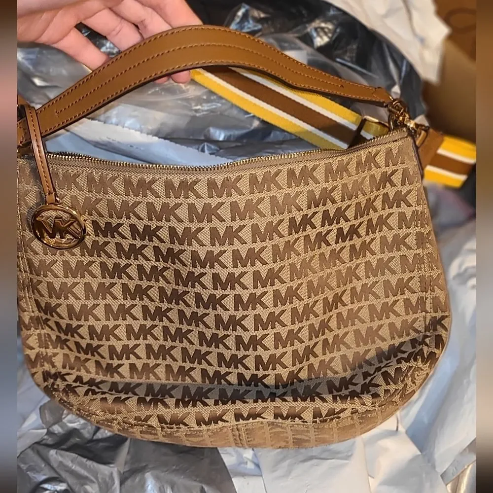 NEW Michael Kors MK Designer Bedford Hobo Bag Tan jacquard Purse Bag Crossbody